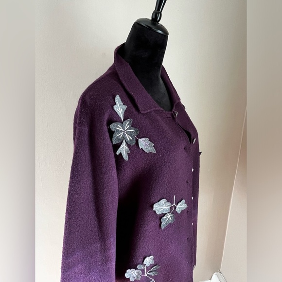 Vintage Coldwater Creek Purple Boiled Wool Appliqué leaves Jacket Coat sz PS - Picture 5 of 13